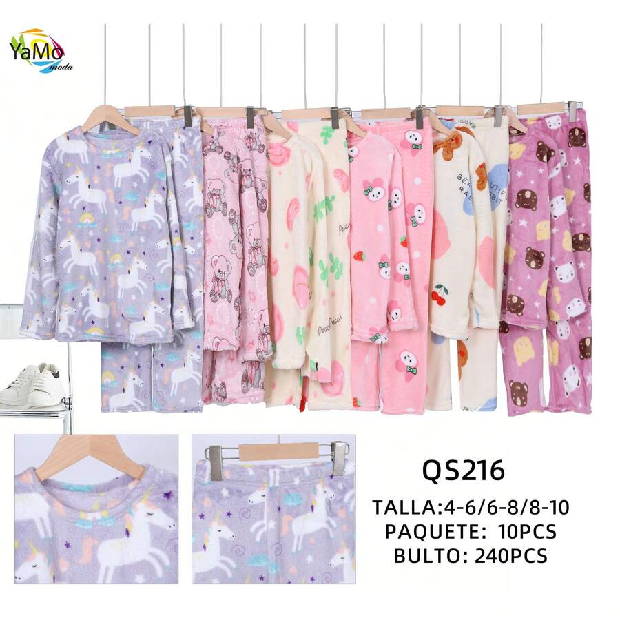 10 SET POR PAQUETE Conjunto de pijama de 2 piezas para niña con dibujos animados de manga polar, suave y cómodo (incluye pantalones), adecuado para otoño e invierno. - Morado - Ver 1