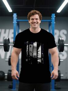 大码男式 3D 印花黑色圆领短袖 T 恤，休闲透气网眼健身运动 T 恤 - 彩色 - 查看 1