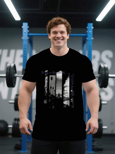 大码男式 3D 印花黑色圆领短袖 T 恤，休闲透气网眼健身运动 T 恤