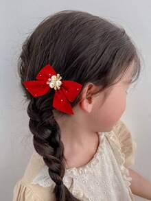 5pcs/Set Girls Velvet Butterfly Clips With Pearl Flower Decor, Red Fabric Hair Clips, Barrettes, Side Clips, Bangs Clips, Rhinestone Hair Accessories, Suitable For Valentine's Day, Christmas, Daily Use - Red - View 2