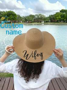Customized Embroidered Text Sun Hat, Bachelorette Party Hat, Bridal Shower Gift, Soft Brim Beach Hat, Honeymoon Gift. A Personalized Beach Straw Hat Is A Lovely Honeymoon Gift For The Bride, Can Be A Gift For The Bridal Shower, And Can Also Be Customized With Her New "Mrs." Surname - Or Given To All Bridesmaids At A Bachelorette Party, It Will Definitely Stand Out! They Can Also Be Customized With Any Other Words/Phrases. - Multicolor - View 2