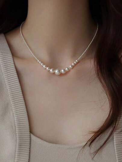 1pc Elegant Ombre Round Pearl Necklace, Minimalist French Style Jewelry, Luxury Fashion Choker, Women Sweater Accessories