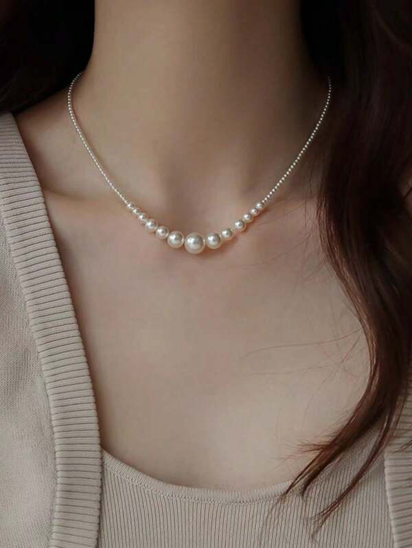 1pc Elegant Ombre Round Pearl Necklace, Minimalist French Style Jewelry, Luxury Fashion Choker, Women Sweater Accessories