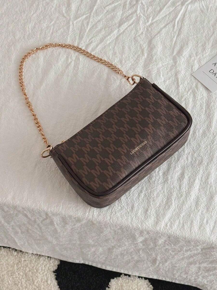 New Fashion Classic Versatile PU Waterproof Fabric Letter Pattern Printing Design Metal Chain Decoration Design French Baguette Bag, Women's Shoulder Wallet, Latin American Street Style Wallet, Suitable For Shopping. Travel To Work, Party Gatherings - 咖啡棕 - 查看 1