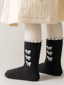 4 Paar Kinder Weiche, warme Fleece-gefütterte Socken mit Schleifen-Dekor, Prinzessin-Stil, knöchellang, geeignet für Skifahren, Herbst/Winter