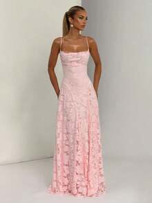 Elegant Off-The-Shoulder Jacquard Lace Strap Dress, Waist Tie, Graceful Evening Gown - Hồng - Xem 2