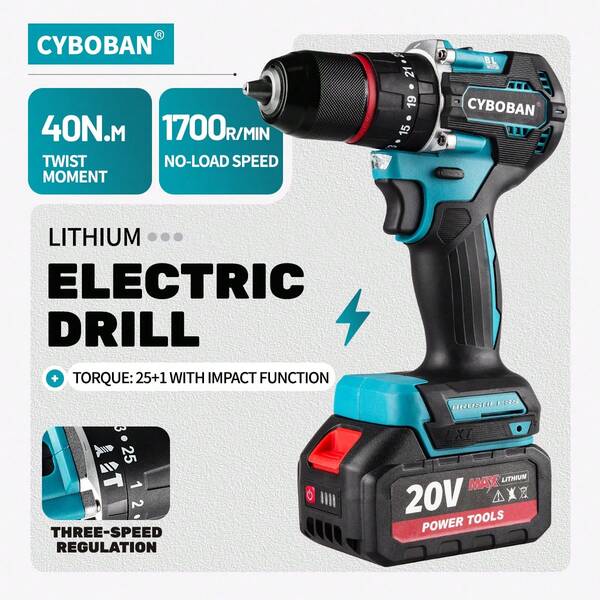 CYBOBAN Electric Tool, 20V Brushless Impact Drill, 13mm Cordless Impact Hand Drill, 2-Speed Regulation, LED Light, Clockwise And Counterclockwise Rotation, Stainless Steel Chuck, Durable And Wear-Resistant, Matched With 4.0Ah Capacity Lithium Battery, Efficient Work, International Standard Charger, Commonly Used Tools For Home Repair And Yard Care, High-Quality Product, Worth Having