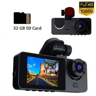 1 件，行车记录仪，前后，汽车行车记录仪，1080P FHD DVR 汽车仪表盘摄像头，带 32GB SD 卡，带循环录制，2 英寸显示屏