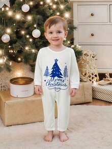Christmas Family Pajamas Matching Set, Letters Tree Print T-Shirt With Plaid Pants Sleepwear Loungewear