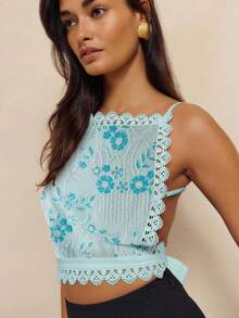 Ladies' Lace Beaded Back Strap Sexy Backless Vest, Printed Beaded Back Strap Vest - Blue - View 2