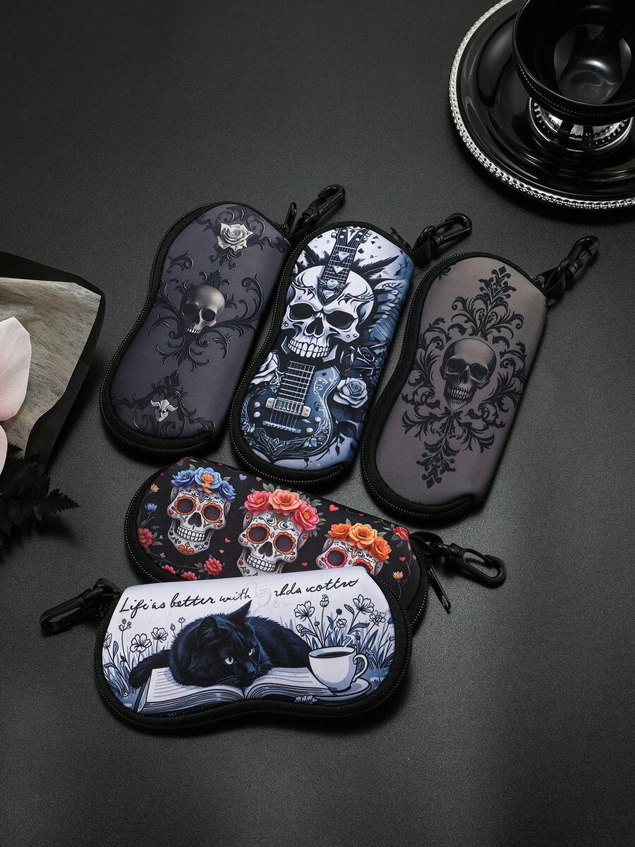 1 hộp đựng kính mắt in họa tiết đầu lâu có móc khóa carabiner, túi đựng kính bằng chất liệu neoprene mềm siêu nhẹ, có khóa kéo và ngăn đựng di động dành cho nam và nữ - Nhiều màu - Xem 1