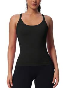 Athletic Tank Top For Women With Built In Bra, Sleeveless Gym Tops Seamless Racerback Workout Yoga Shirts - 黑色 - 查看 1