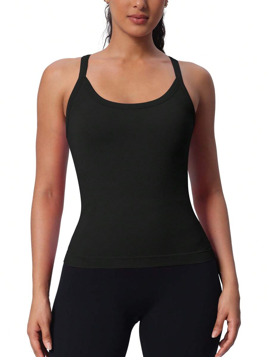 Athletic Tank Top For Women With Built In Bra, Sleeveless Gym Tops Seamless Racerback Workout Yoga Shirts - 黑色 - 查看 1