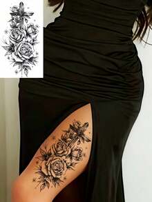 6 Blatt Blumen Tattoos Temporär Realistisch Wasserfest Schwarze Rose Tattoo Kreuz Schmetterling Tattoos Aufkleber für Partys, Abschlussbälle, Musikfestivals, Halloween, Styling Accessoires, Frauen Alltags Make-up