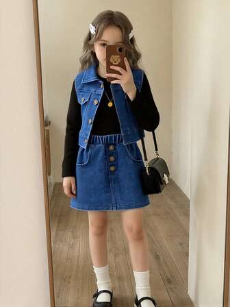 Conjunto de 3 piezas: Chaleco de chaqueta de denim lavado para niñas, falda de denim con decoración de cadena y botones, y top negro de manga larga de punto con cuello redondo para primavera y otoño