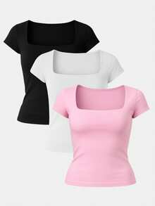 Kit 3 Women's Short Sleeve Suplex Blouse Cold Mesh Basic Blouse - Danone Pink, White and Black - View 1