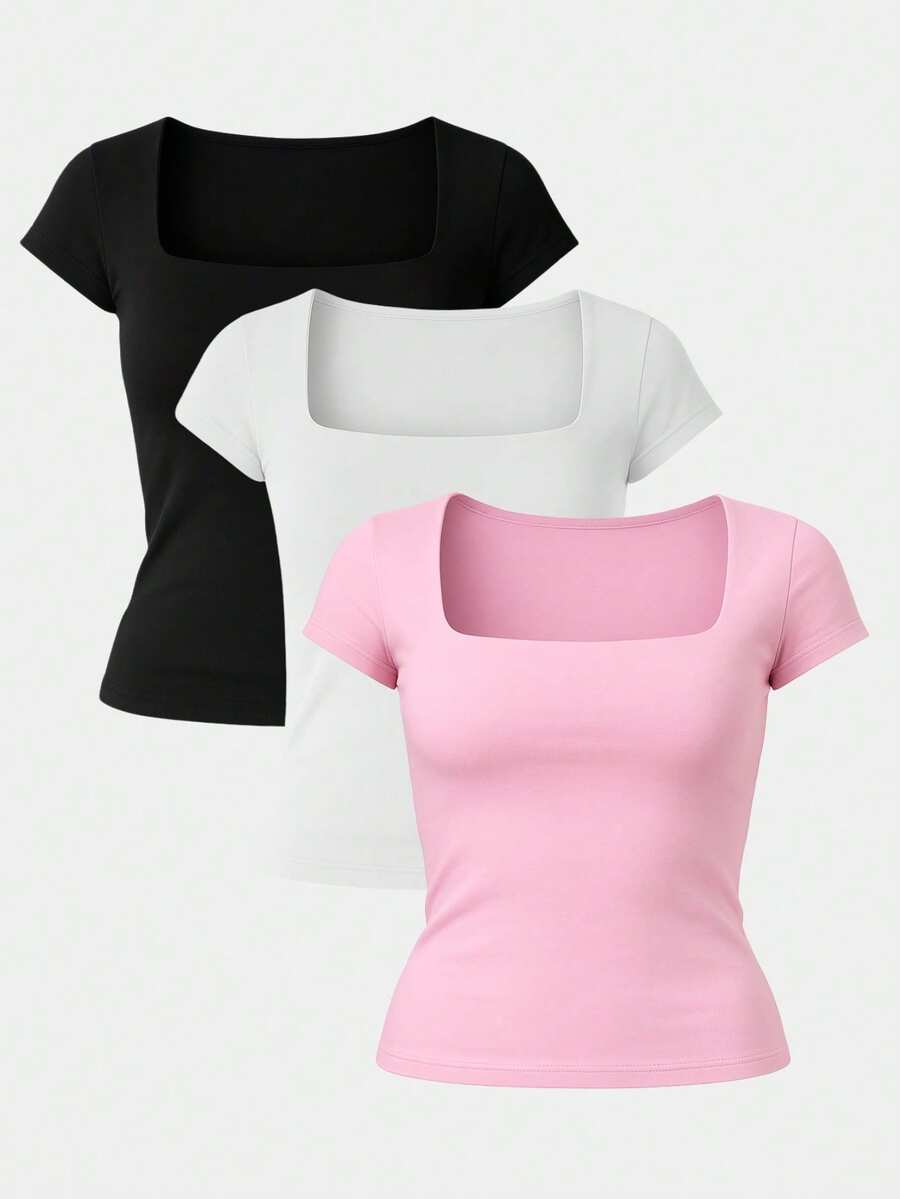 Kit 3 Women's Short Sleeve Suplex Blouse Cold Mesh Basic Blouse - Danone Pink, White and Black - View 1