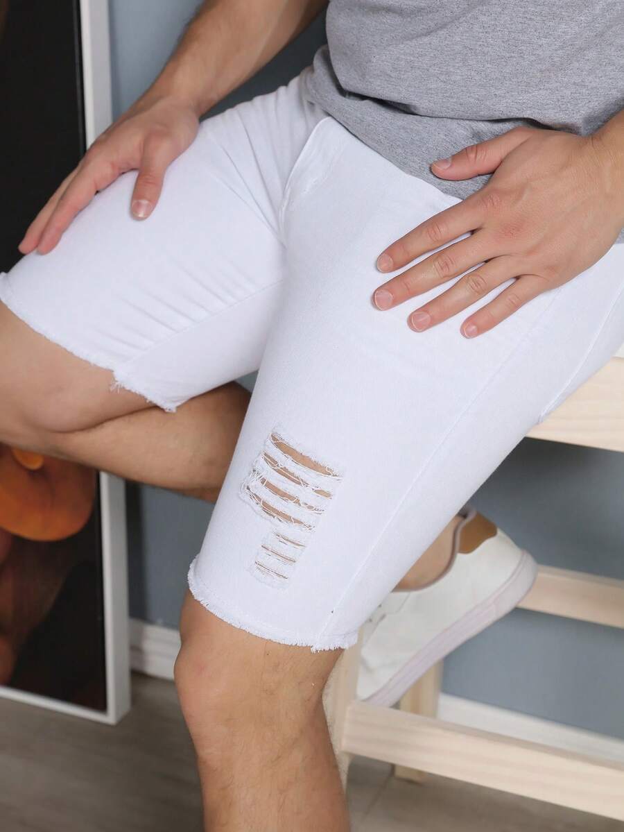 Men's Ripped Colorful Bermuda Jeans - Blanco - Ver 1