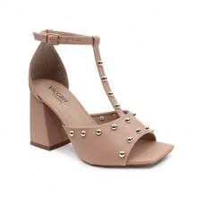 Women's Sandal With 9cm Block Heel, Elegant Square Toe, Metallic Spikes, Comfortable, Modern - 乾枯玫瑰色 - 查看 2