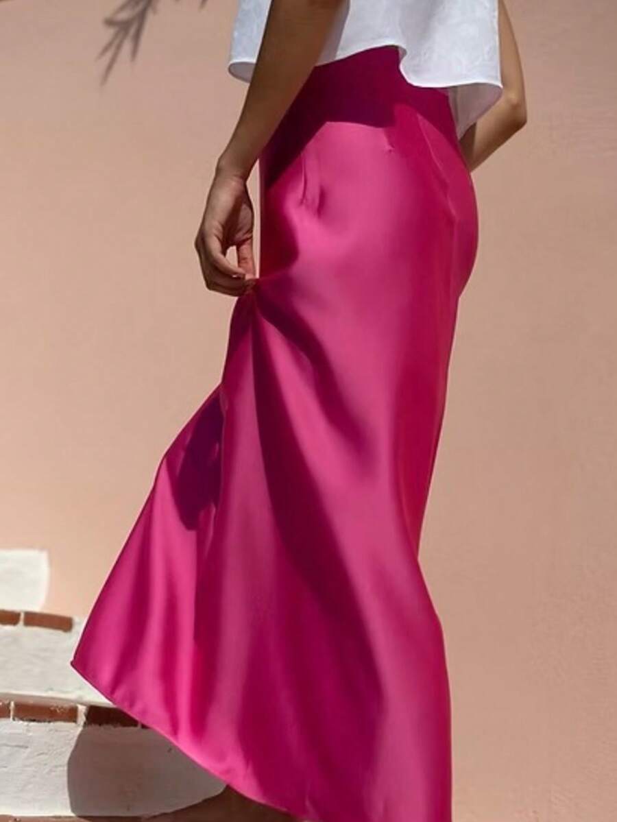 Simple Plain Satin Long Skirt For Daily Use And Elegant With Zipper Beachwear - Rosa Roja - Ver 1