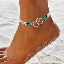 Women's Beaded Anklet With Silver Double Heart Elastic Stretch Ankle Bracelet Women's Summer Bohemian Jewelry