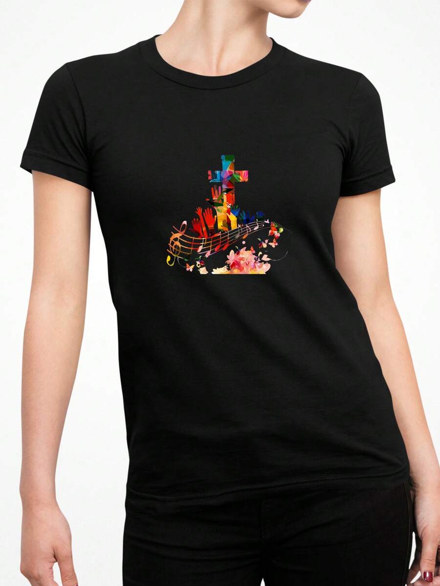 Camiseta Feminina Babylook T shirtcruz notas musicais evangélica musica religiosa religião fé 100% Algodão Várias Cores - Preto - Visão 1