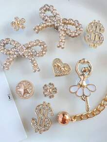 Fashionable Girl Style Clogs Shoes Charms Set - Bow, Dollar Sign, Star & Flower Decor, Shiny Clogs Shoes Accessories - Gold Bow Suit - View 8
