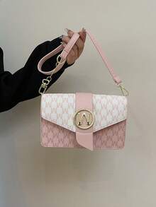 Letter Print Multi-Compartment Flap Shoulder Bag For Women - Pink - View 4