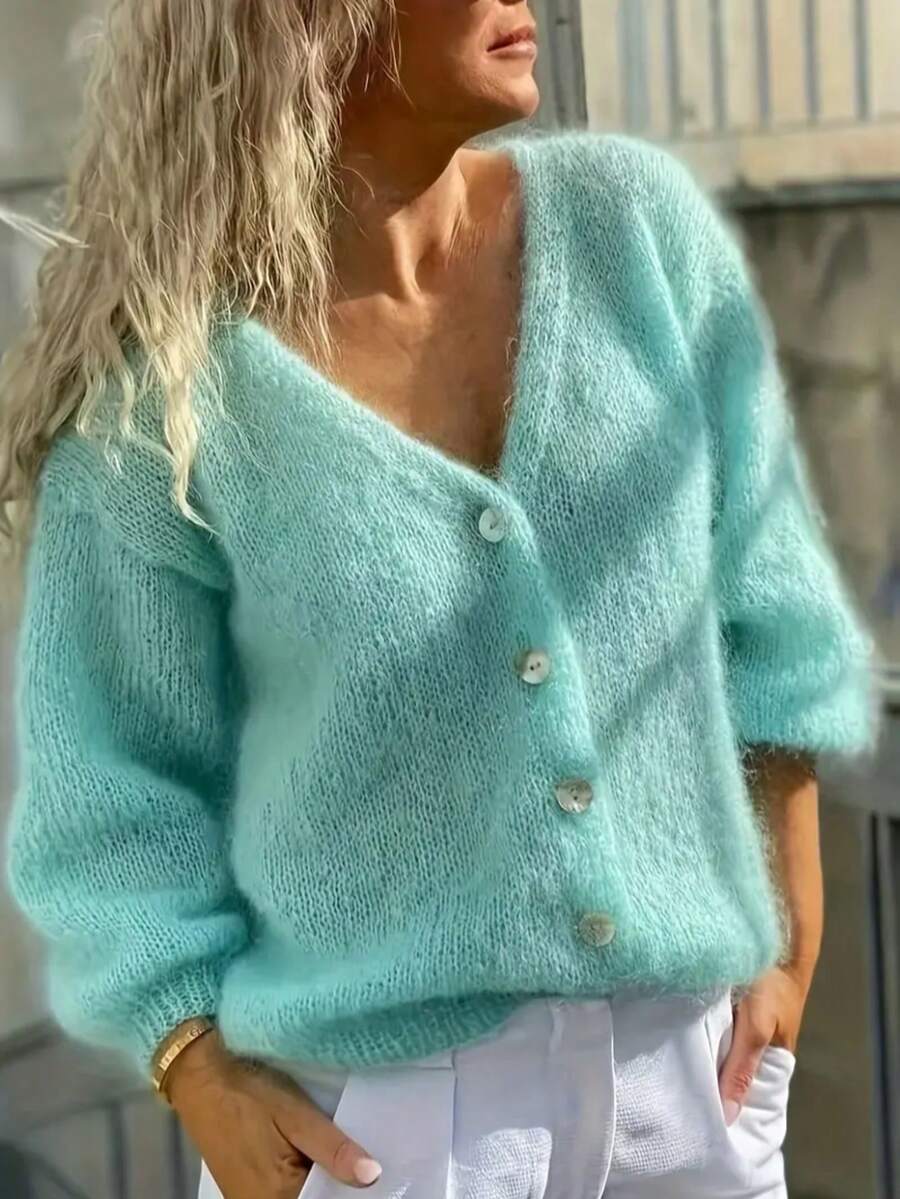 Plus Size Women's Solid Color Long Sleeve Single-Breasted Casual Knit Cardigan, Autumn/Winter - Mint Green - View 1