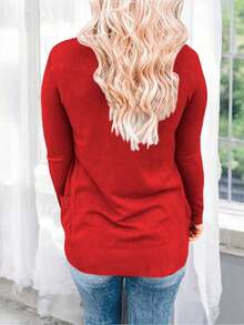 Sueter Dama De Moda  Liso    Casual    Canalé  Bolsillo    Ideal Para  Noche de fiesta  Vacaciones  Diario  Viaje - Rojo - Ver 2