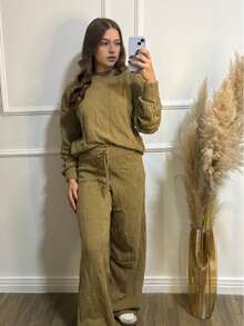WOMEN'S WINTER MOUSSE KNITTING SET WITH PANTS AND BRAIDED TOP - 查看 3