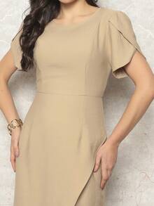 Women's Midi Dress Side Slit With Petal Sleeves Simple Daily - Light Beige - Ver 6