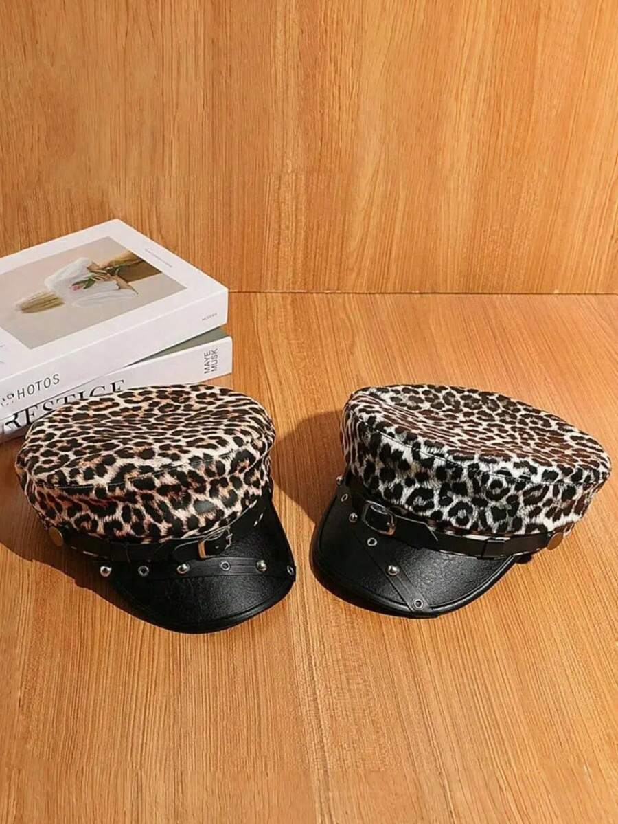 1pc Women's Leopard Print Beret Hat, PU Leather Decor Buckle, Autumn/Winter Retro Flat Top Cap, Suitable For Back To School, Student Fashion, Party Themes, Street Style, Halloween