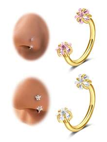 1 件时尚金色条形鼻环，镶嵌闪亮五角星锆石 - 双头 C 型耳钉设计 - 女士防过敏鼻孔饰品，优雅气质 - 金黃色五角星 - 查看 1