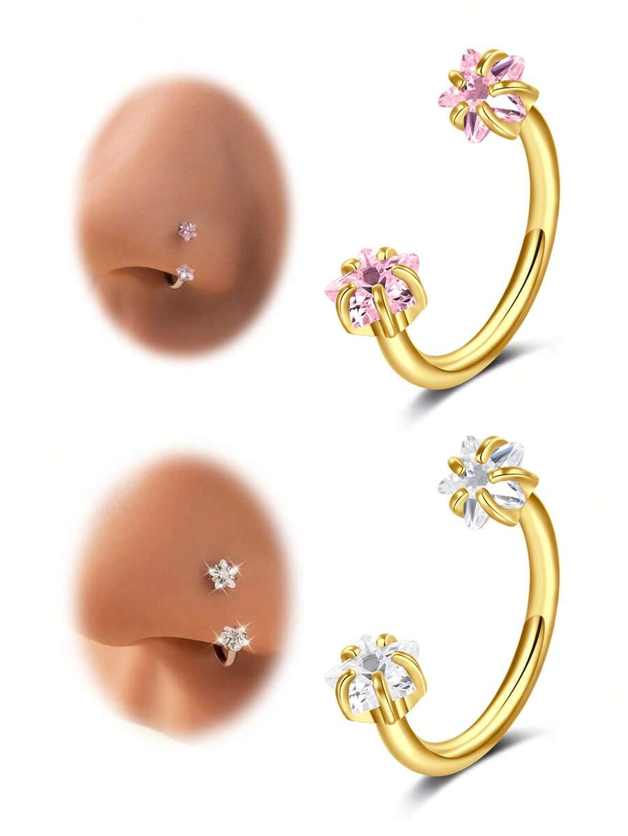 1 件时尚金色条形鼻环，镶嵌闪亮五角星锆石 - 双头 C 型耳钉设计 - 女士防过敏鼻孔饰品，优雅气质 - 金黃色五角星 - 查看 1