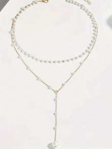 1 chiếc vòng cổ mạ vàng 18K phong cách cổ điển thanh lịch với trang trí ngọc trai giả và mặt dây chuyền tua rua - Thích hợp để đeo hàng ngày và những dịp đặc biệt - Vàng - Xem 3