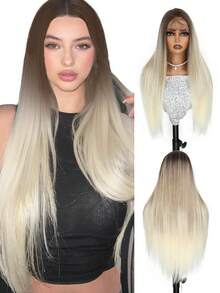 Free Part 13*6 Lace Front Wigs 28 Inches Black Brown Blonde Dark BrownStraight Hair With Natural Curls At The End Hair Glueless Lace Wigs Silky Synthetic Long Silk Straight Natural Wig Heat Resistant Fiber Wig With Baby Hair For Women,Pre-Plucked With Adjustable Straps For Daily Wear Christmas Halloween - Multicolor - View 13