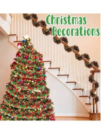 5pcs/10pcs Christmas Red & Green Tinsel Garland, 9cm X 2m, 5-Ply Thick Tinsel Streamer, Holiday Decor
