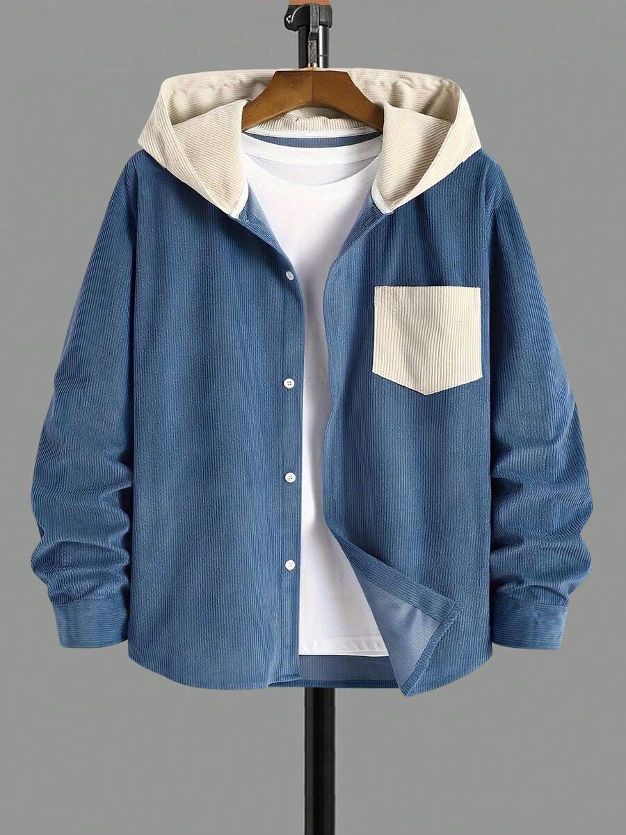 Teens/Youth Boys' Hooded Corduroy Color Block Drawstring Casual Shirt, Fashion School Style, Korean, Daily Wear, Commute, Versatile, Spring/Autumn New