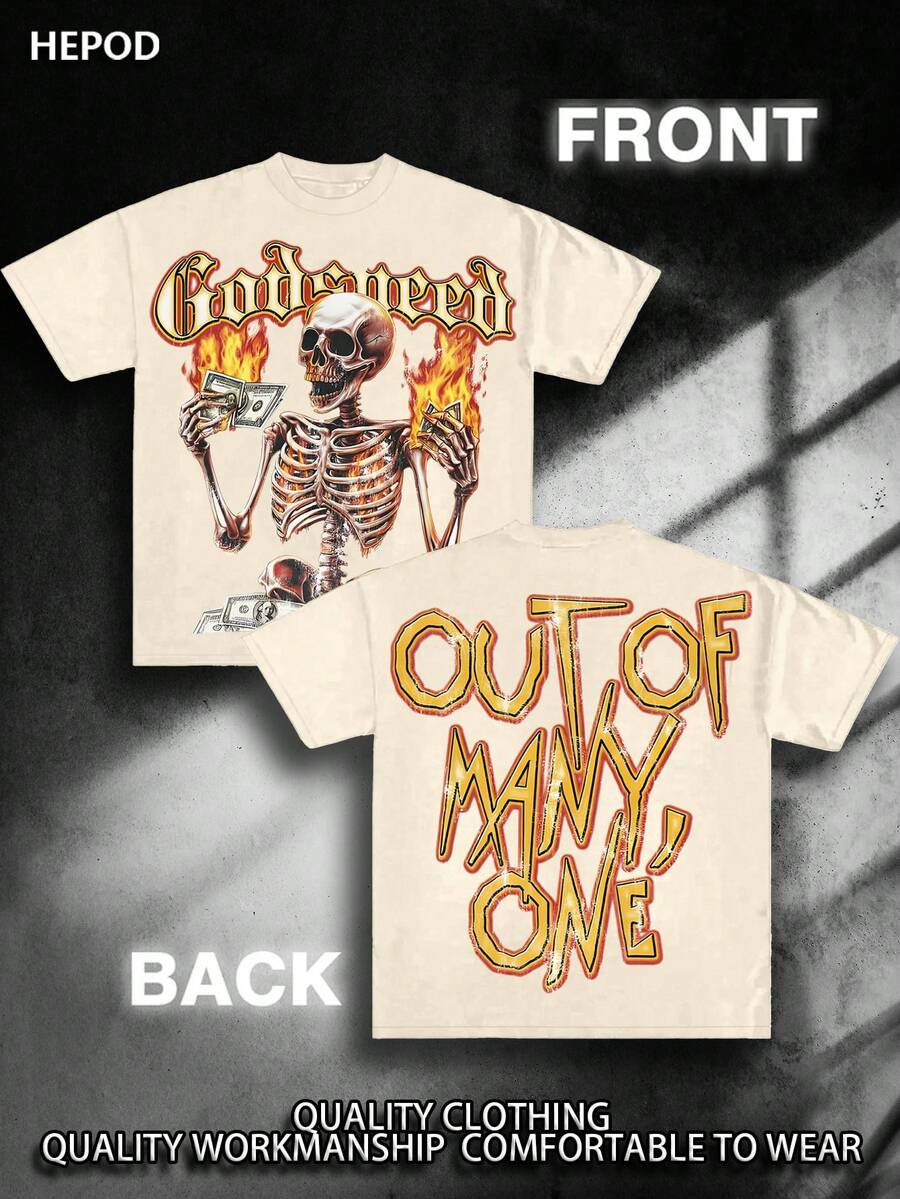 GodSpeed, Out Of Many, One, Skeleton, Money Is My Motive, (Cotton T-Shirt) Men's Round Neck Short-Sleeved Cotton Casual T-Shirt, Loose Style, Versatile, Unisex, Suitable For Holiday Travel!
