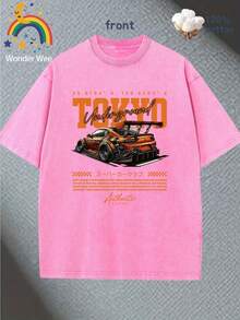 [Pure Cotton Summer T-Shirt] 285g Pure Cotton Young Man Summer Short Sleeved T-Shirt - Comfortable Breathable Casual Round Neck Street Sports Car Pattern Letter Print