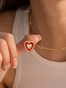 1 件复古创意双面红心吊坠项链不锈钢女士约会礼物 - 金黃色 - 查看 6