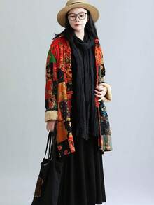 LUZU JUNU Women's Trench Coat Floral Print Long Cotton Linen Jacke Cottagecore Clothing Patchwork Outwear Bohemian Unique - 黃色夾克毛絨襯裡 - 查看 3
