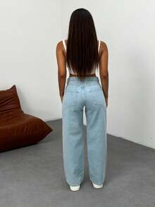 Kadın Koyu Mavi Soluk Efekt Likralı Yüksek Bel Geniş Paça Bol,Salaş Palazzo Jeans - Teal Blue - View 4