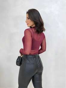 Women's Transparent Style Bodysuit Sensual Look In Plain Tulle High Neck Perfect Look For A Night Out Party - 紅木色 - 查看 2