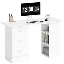 HOMCOM Computer Desk, Writing Table, PC Workstation With 3 Storage Shelves And Drawers, Silver Handle, For Home Office, White - White - View 2
