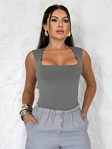Kit 4 Basic Bodysuits Square Neckline Wide Straps Versatile Shapewear Casual Suplex Basic Gringa Blogger Fashion - NAVY BLUE-gRAY-bLACK-wHITE - View 7