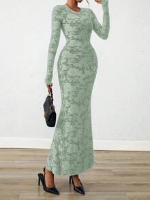 Women Elegant Floral Lace Long Sleeve Bodycon Maxi Dress Spring Fall Autumn Prom Wedding Guest Outfits - 淺綠色 - 查看 3