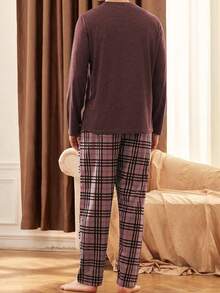 Herbst- und Winterpyjamas für Herren mit rundem Ausschnitt, Bärenmuster-Muster, Langarm-Oberteil & karierter Muster-Hose, lässiger, einfacher Zweiteiler-Hausanzug