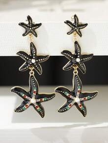 1 Pair Fashionable Beach Style Rhinestone Starfish Dangle Earrings, Suitable For Women - Three Starfish - View 15